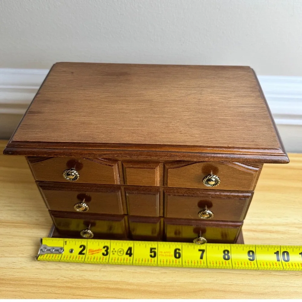 Vintage Wooden Jewelry Box Mini Dresser 2 Drawers Mirror Ring Storage Brown Glam